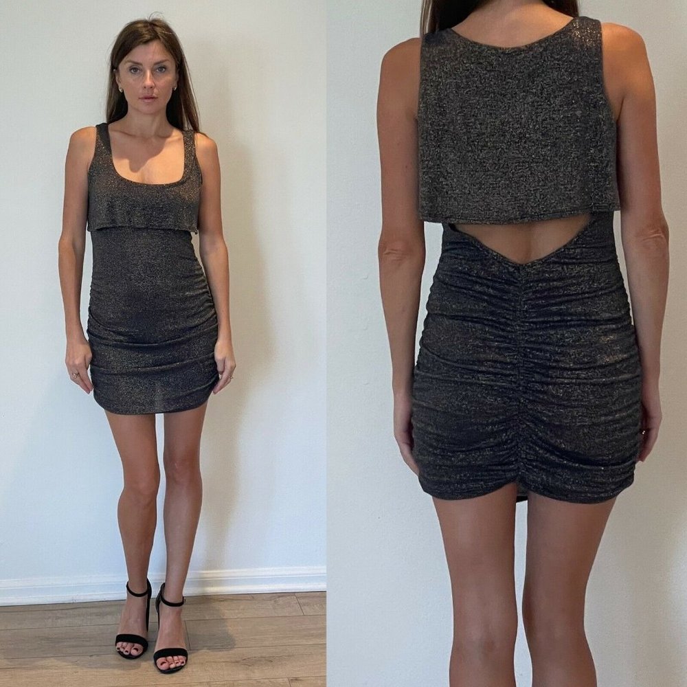 Mystic Gold & Black Sparkly Sexy Open Back Mini Dress S